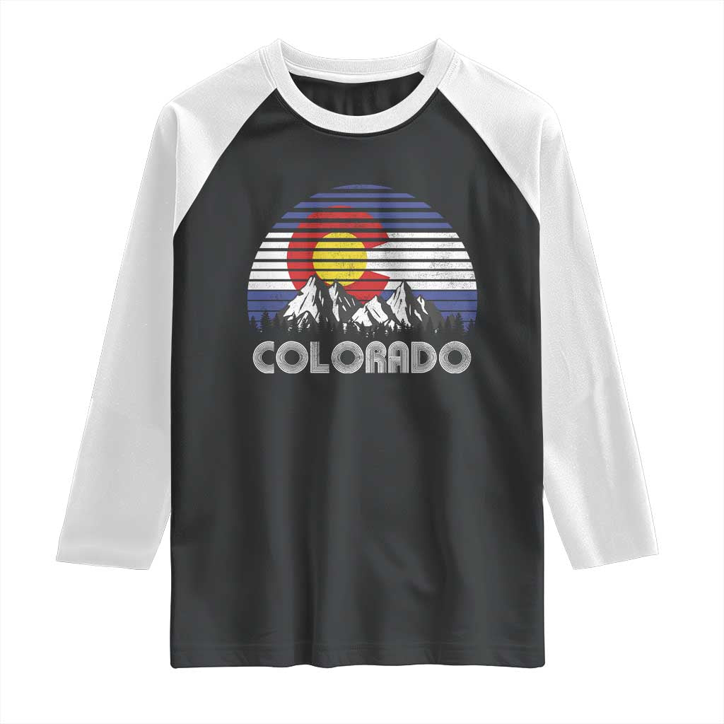 Colorado Flag Mountain 70s Retro Patriotic Colorado State Day Raglan Shirt - Wonder Print Shop