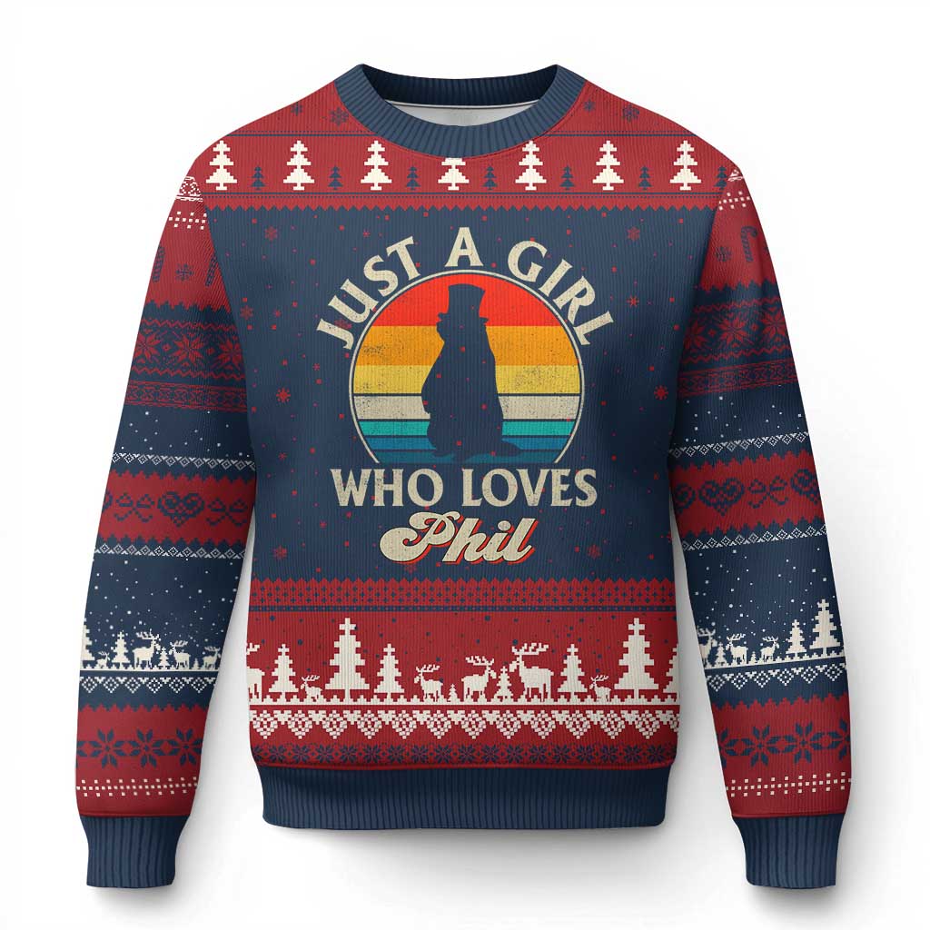 Funny Just A Girl Who Loves Phil Groundhog Ugly Christmas Sweater Punxsy Woodchuck Day Lover - Wonder Print Shop