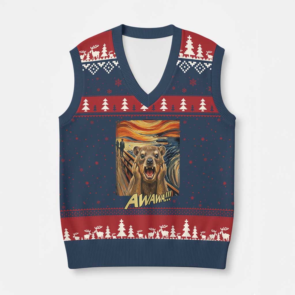 Funny Awawa Hyrax V-Neck Knit Sweater Vest The Scream Art Oddly Specific Meme Animal