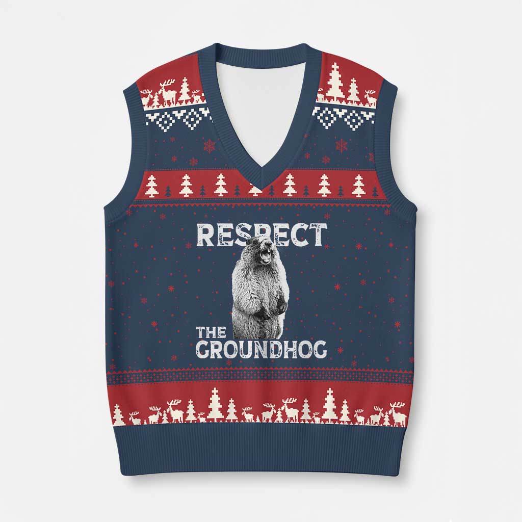 Funny Respect The Groundhog V-Neck Knit Sweater Vest Screaming Woodchuck Meme Groundhog Day - Wonder Print Shop