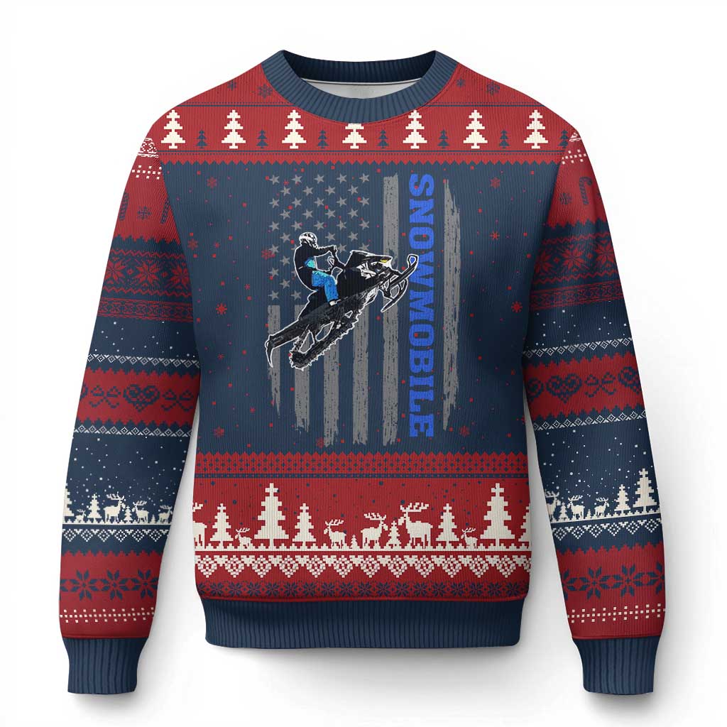 Snowmobile American Flag  Snowcross Riding Winter Sport Ugly Christmas Sweater - Wonder Print Shop