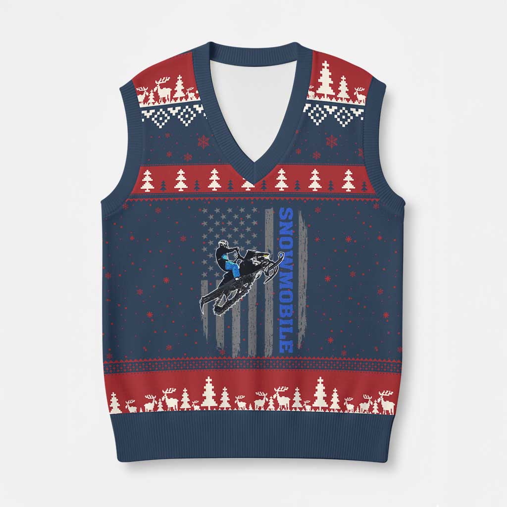 Snowmobile American Flag  Snowcross Riding Winter Sport V-Neck Knit Sweater Vest - Wonder Print Shop
