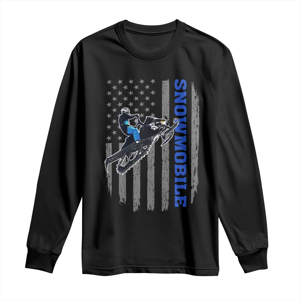 Snowmobile American Flag  Snowcross Riding Winter Sport Long Sleeve Shirt - Wonder Print Shop