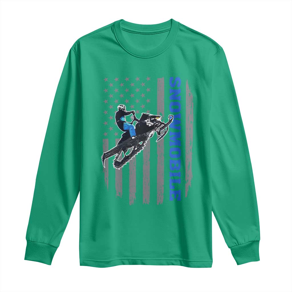 Snowmobile American Flag  Snowcross Riding Winter Sport Long Sleeve Shirt - Wonder Print Shop