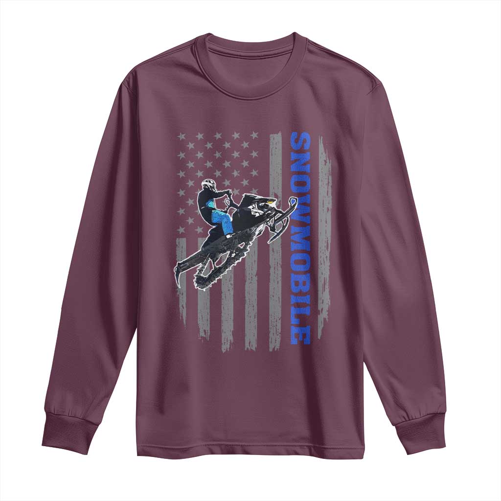 Snowmobile American Flag  Snowcross Riding Winter Sport Long Sleeve Shirt - Wonder Print Shop