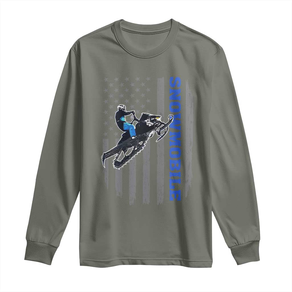 Snowmobile American Flag  Snowcross Riding Winter Sport Long Sleeve Shirt - Wonder Print Shop