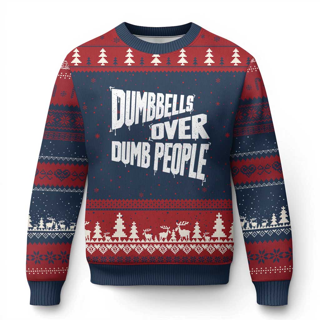 Funny Dumbbells Over Dumb People Ugly Christmas Sweater Gym Workout Fitness Motivation - Wonder Print Shop