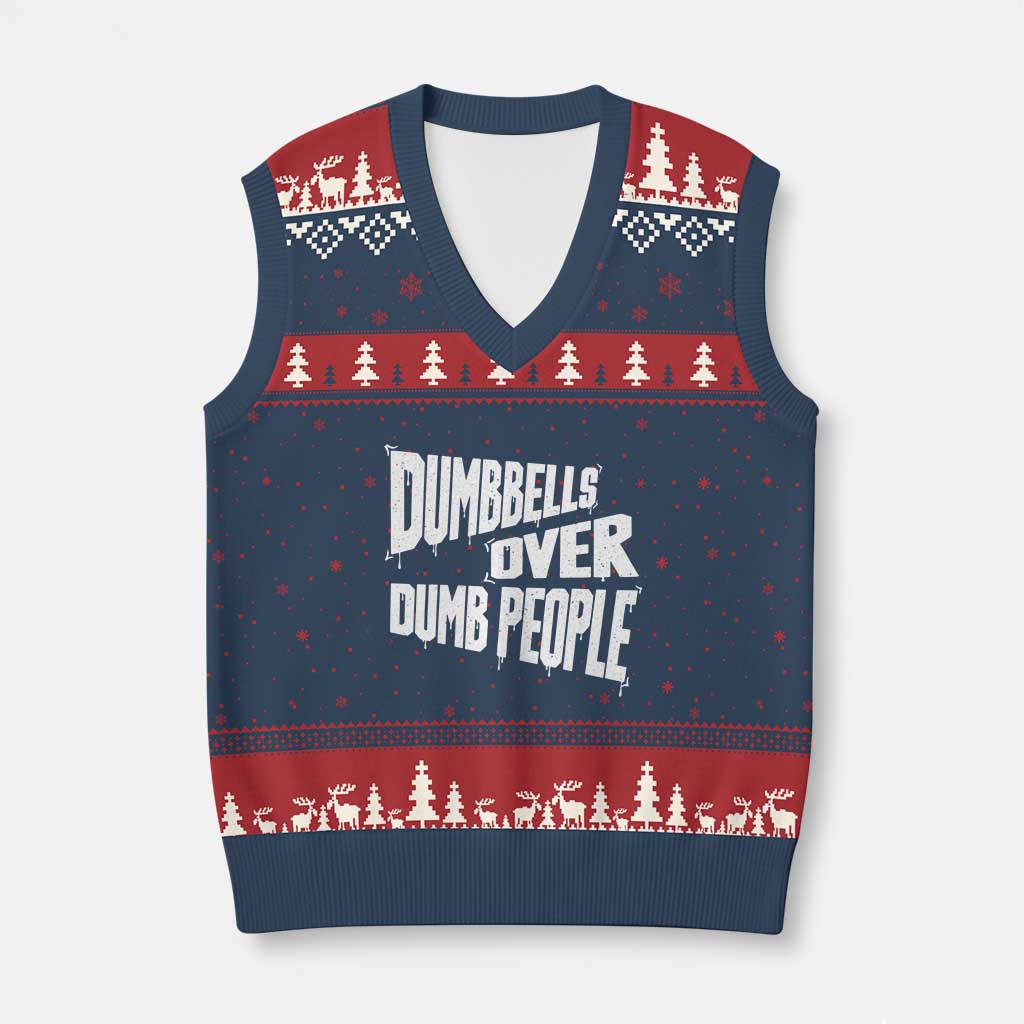 Funny Dumbbells Over Dumb People V-Neck Knit Sweater Vest Gym Workout Fitness Motivation - Wonder Print Shop