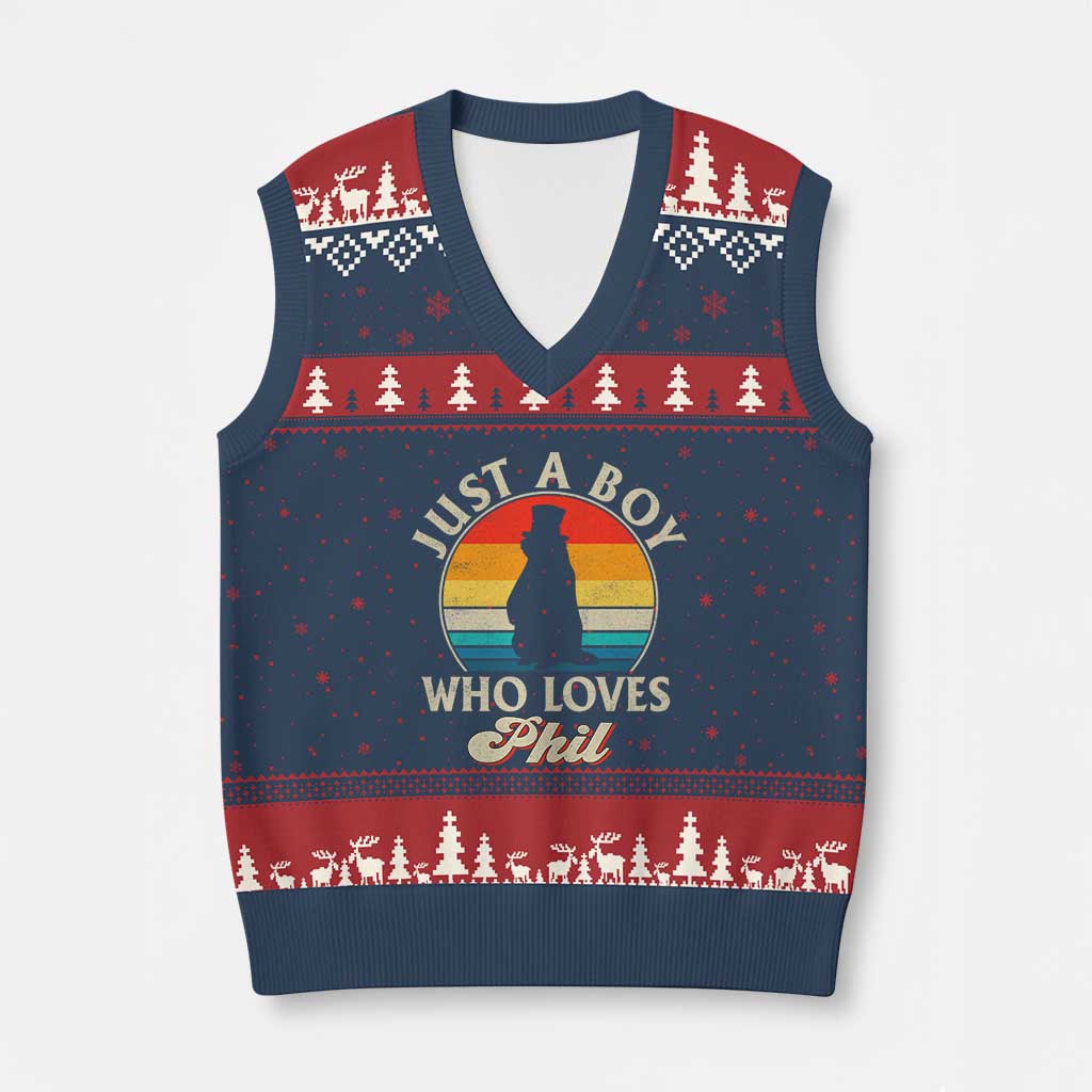 Funny Just A Boy Who Loves Phil Groundhog V-Neck Knit Sweater Vest Punxsy Woodchuck Day Lover - Wonder Print Shop