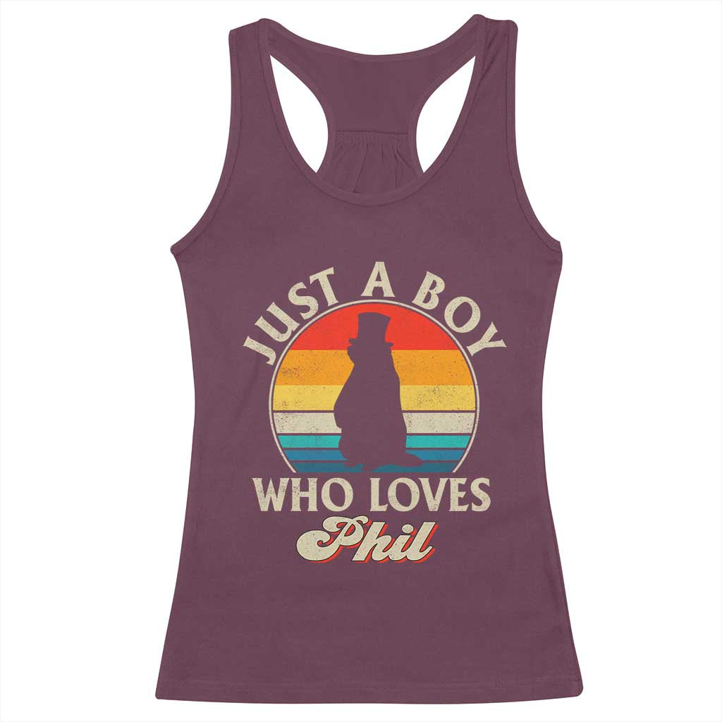 Funny Just A Boy Who Loves Phil Groundhog Racerback Tank Top Punxsy Woodchuck Day Lover - Wonder Print Shop