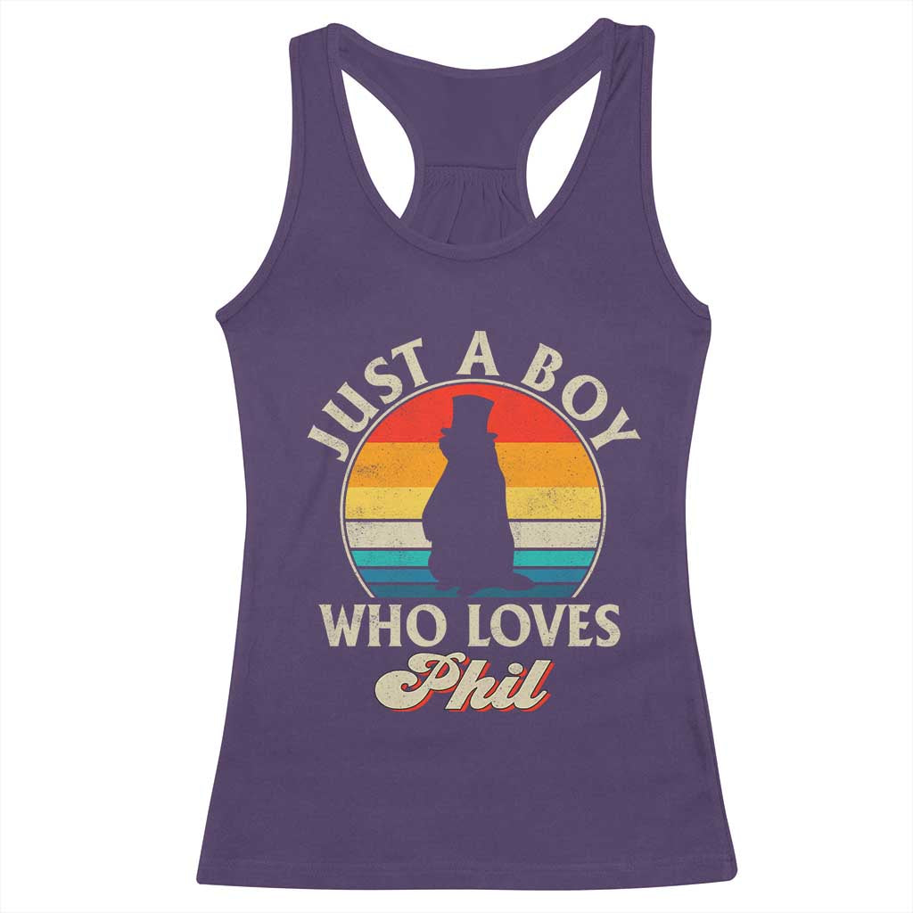 Funny Just A Boy Who Loves Phil Groundhog Racerback Tank Top Punxsy Woodchuck Day Lover - Wonder Print Shop