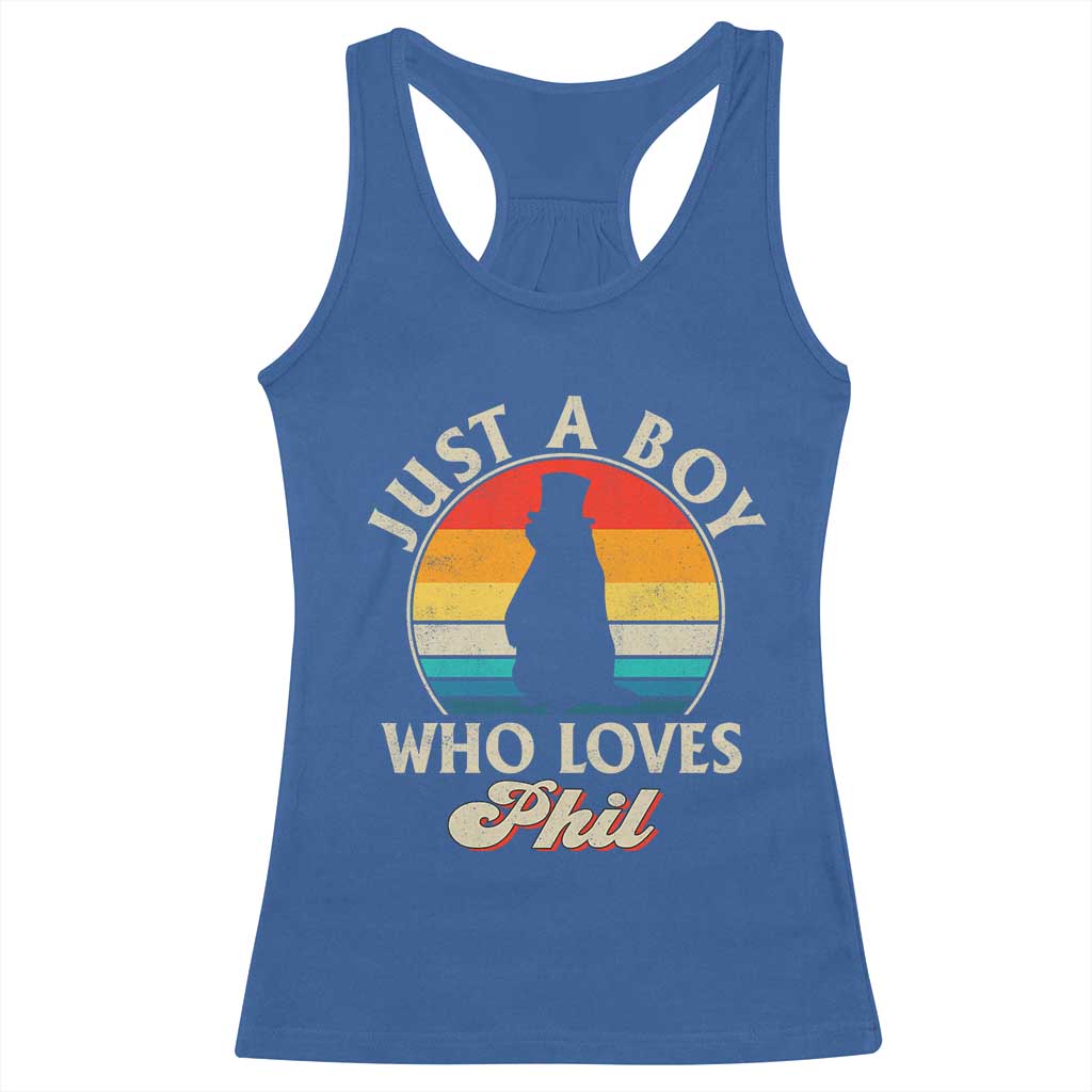 Funny Just A Boy Who Loves Phil Groundhog Racerback Tank Top Punxsy Woodchuck Day Lover - Wonder Print Shop