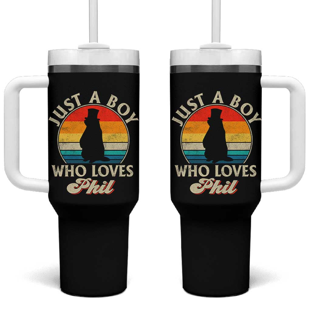 Funny Just A Boy Who Loves Phil Groundhog Tumbler With Handle Punxsy Woodchuck Day Lover - Wonder Print Shop