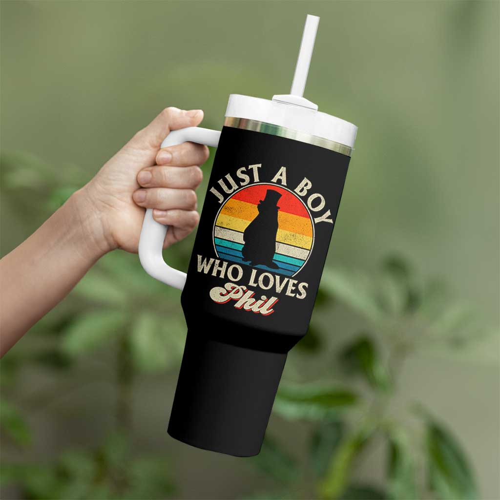 Funny Just A Boy Who Loves Phil Groundhog Tumbler With Handle Punxsy Woodchuck Day Lover - Wonder Print Shop