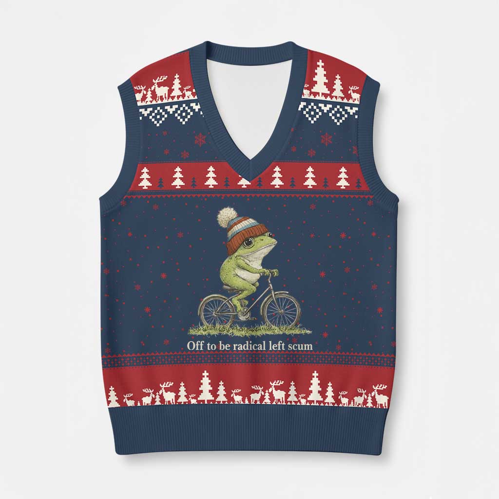 Off To Be Radical Left Scum V-Neck Knit Sweater Vest Funny Frog Resistance