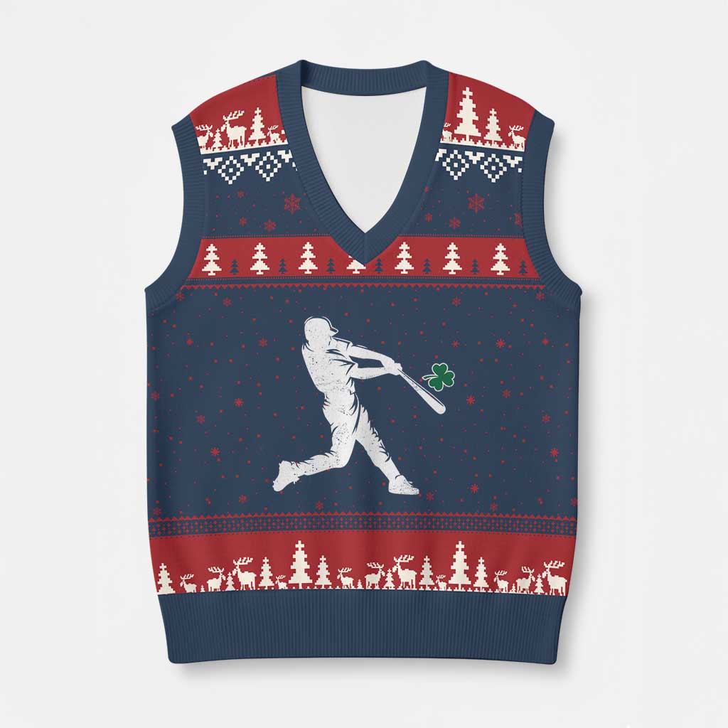 St Patricks Day Baseball Batter Silhouette Shamrock V-Neck Knit Sweater Vest