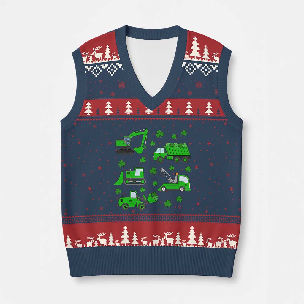 Funny St Patricks Day Construction Trucks Irish Shamrock V-Neck Knit Sweater Vest