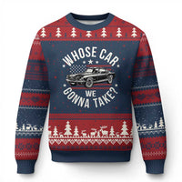 Funny Whose Car We Gonna Take Meme Ugly Christmas Sweater Car Enthusiast Vintage American Flag