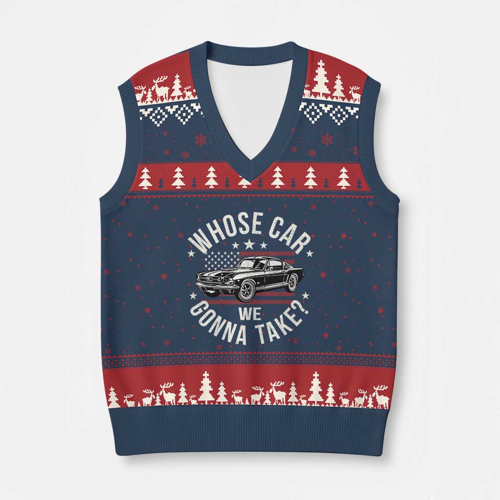 Funny Whose Car We Gonna Take Meme V-Neck Knit Sweater Vest Car Enthusiast Vintage American Flag