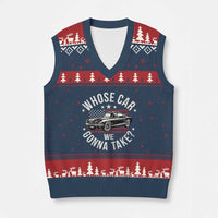 Funny Whose Car We Gonna Take Meme V-Neck Knit Sweater Vest Car Enthusiast Vintage American Flag