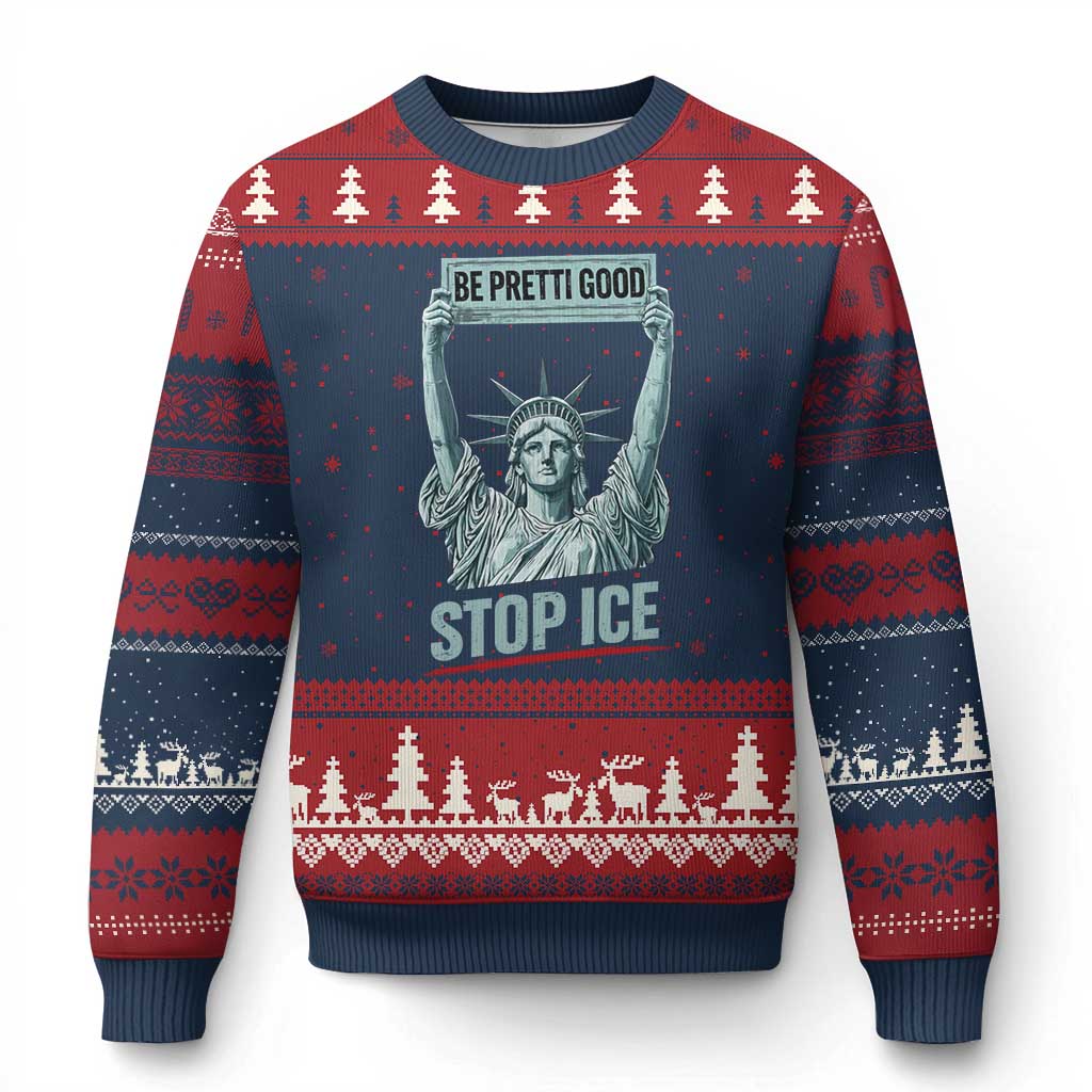 Be Pretti Good Stop Ice Ugly Christmas Sweater Statue Of Liberty Minneapolis Protest