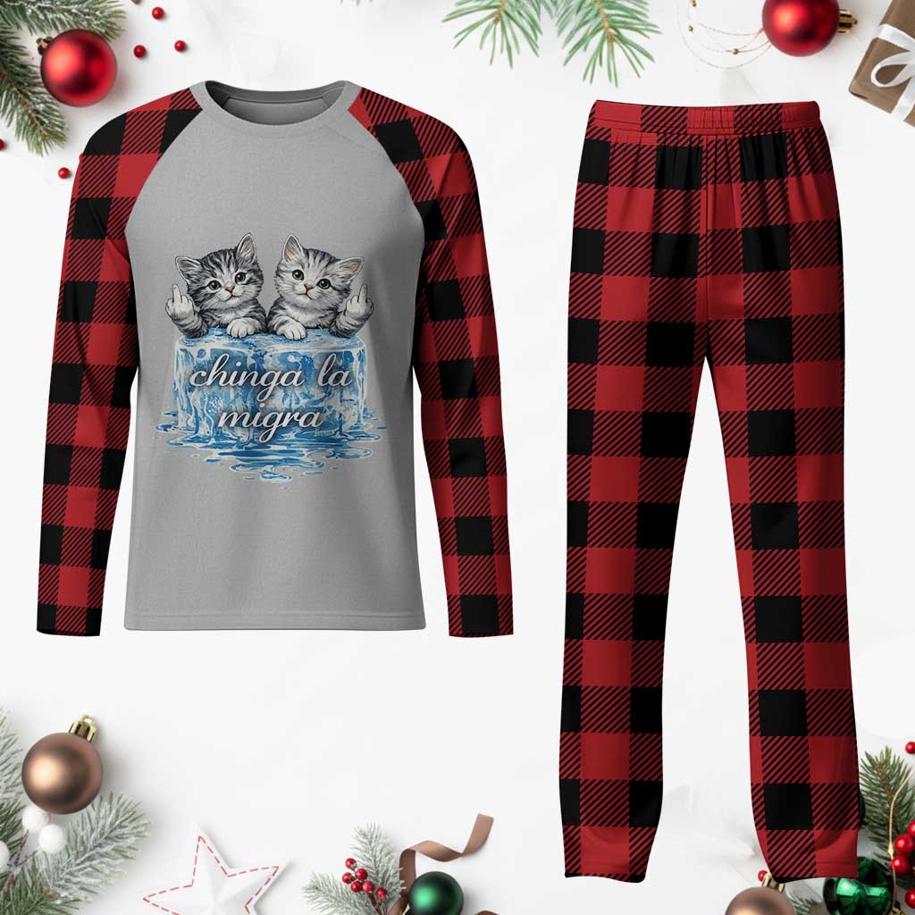 Chinga La Migra Plaid Pajama Set Cute Cat Melting Ice Pro Immigrant