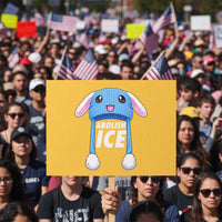 Abolish Ice Protest Sign Blue Bunny Hat Pro Immigrant Resist Minnesota
