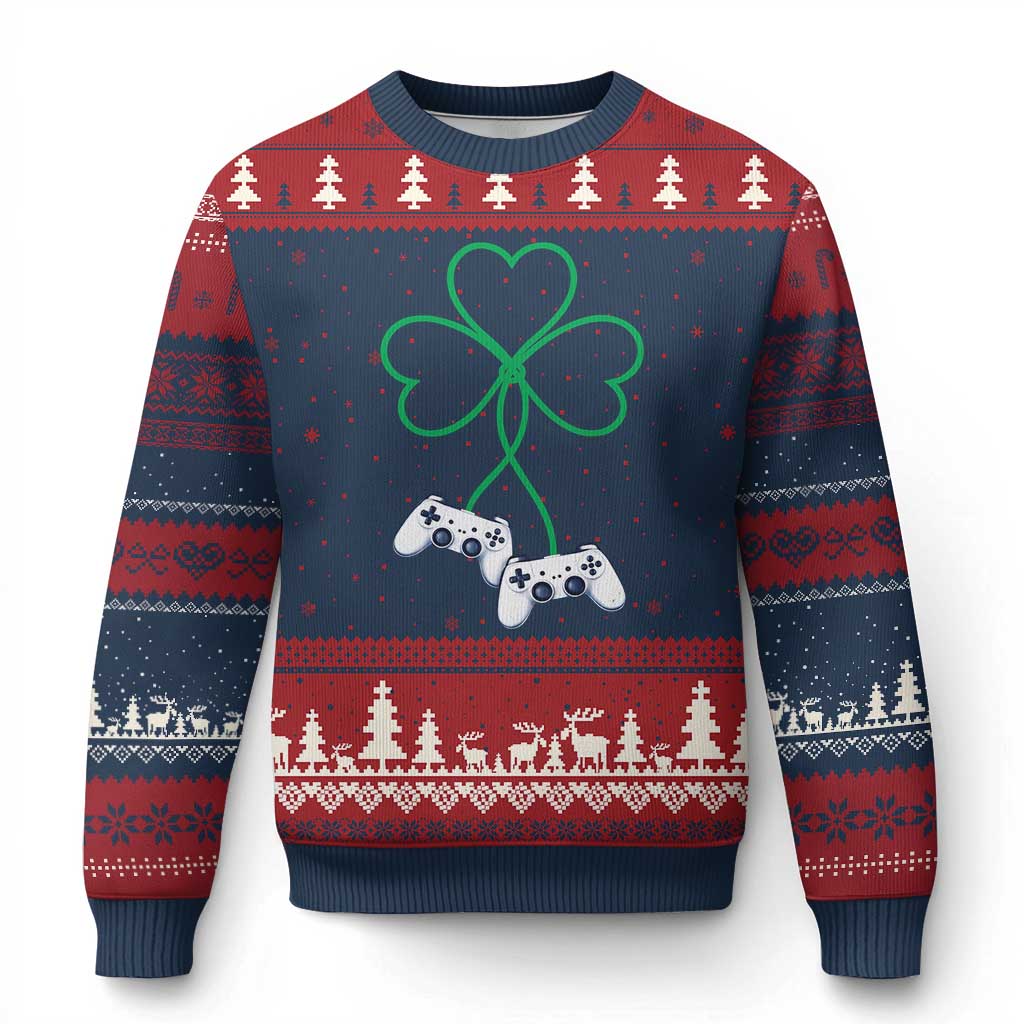 Video Game Lover St Patricks Day with Shamrock Controllers Ugly Christmas Sweater
