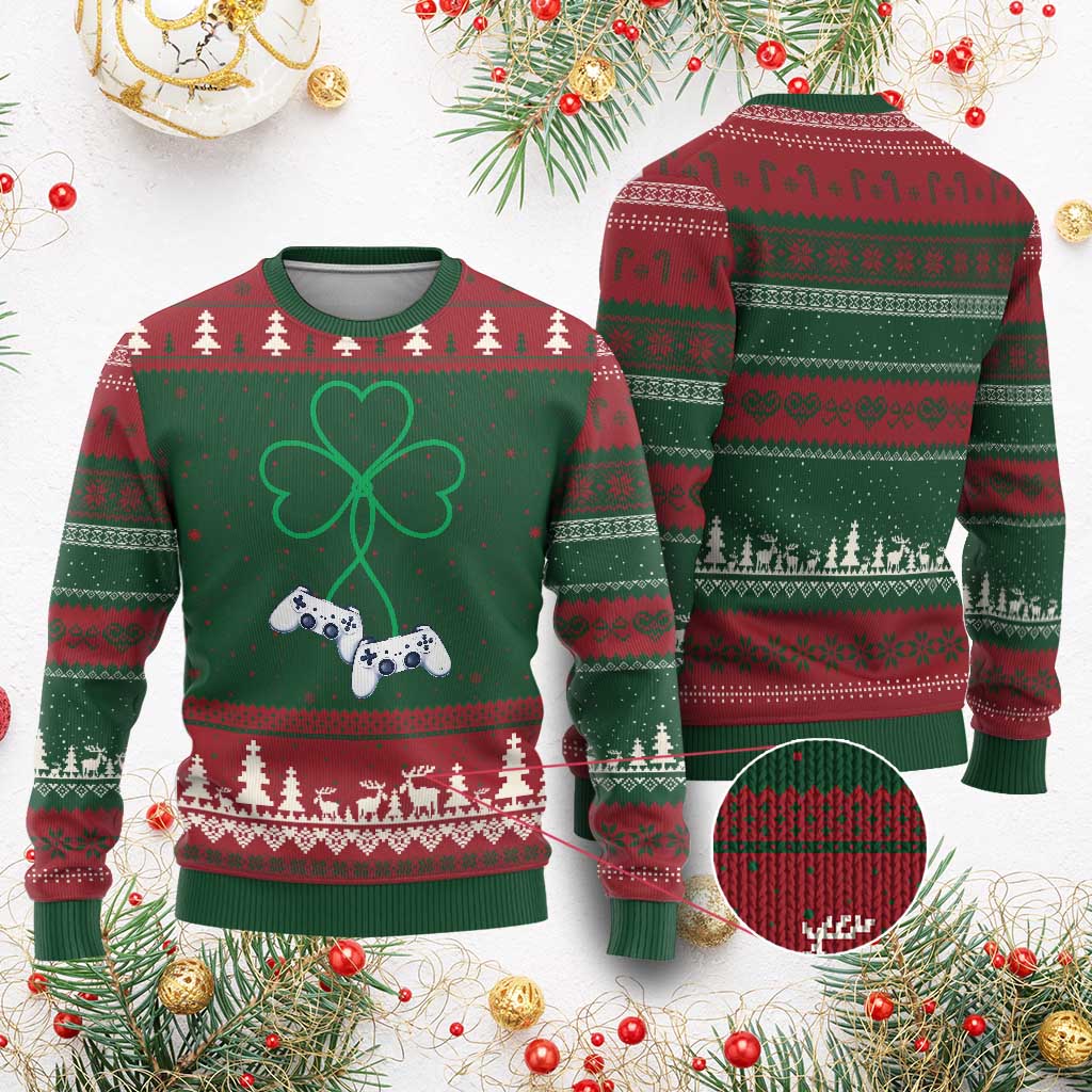 Video Game Lover St Patricks Day with Shamrock Controllers Ugly Christmas Sweater