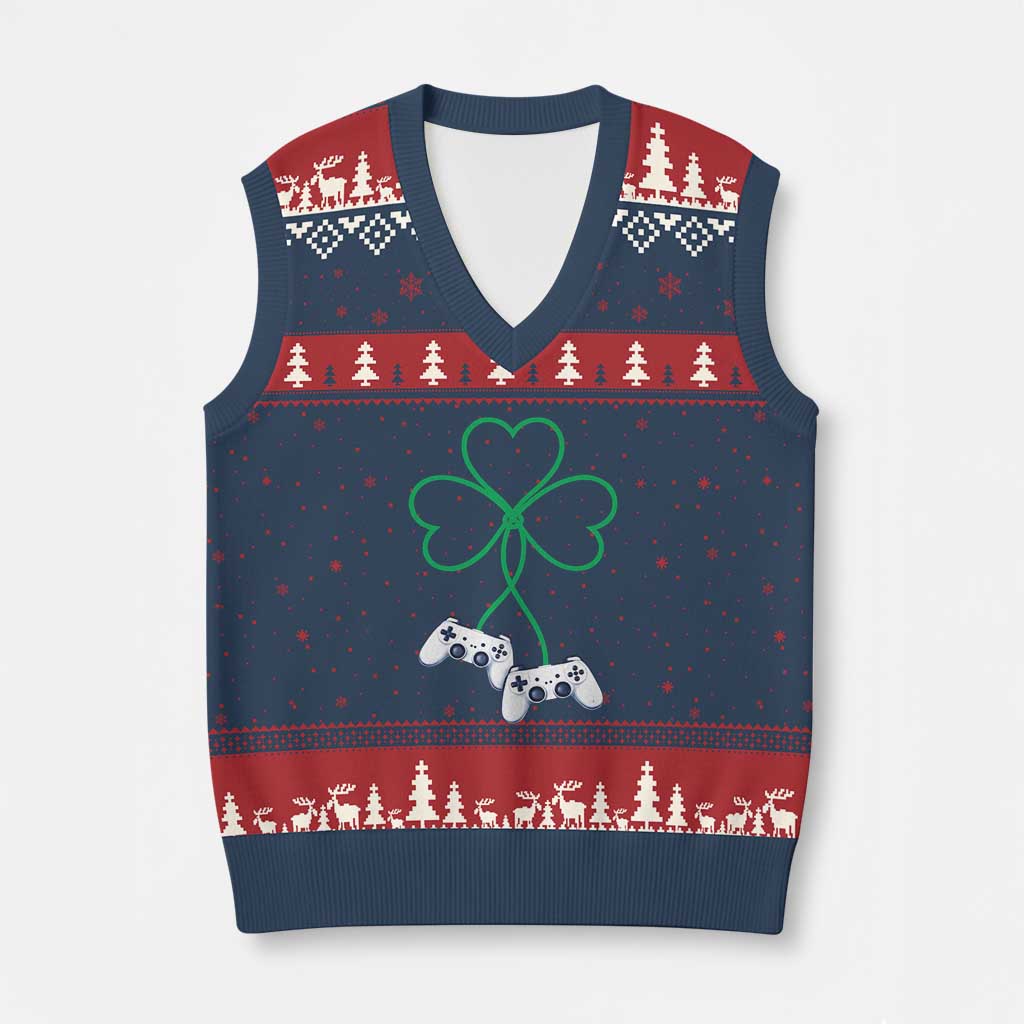Video Game Lover St Patricks Day with Shamrock Controllers V-Neck Knit Sweater Vest