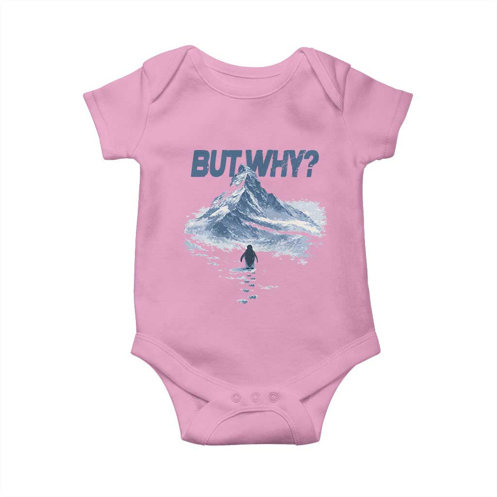 Penguin But Why Baby Onesie Funny Penguin Snowy Mountain Meme