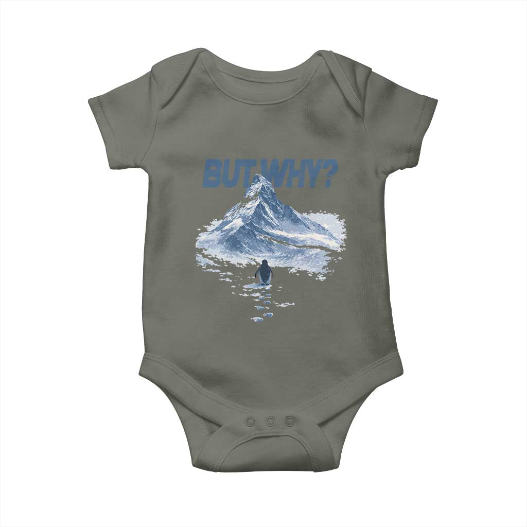 Penguin But Why Baby Onesie Funny Penguin Snowy Mountain Meme