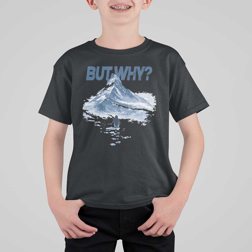 Penguin But Why T Shirt For Kid Funny Penguin Snowy Mountain Meme