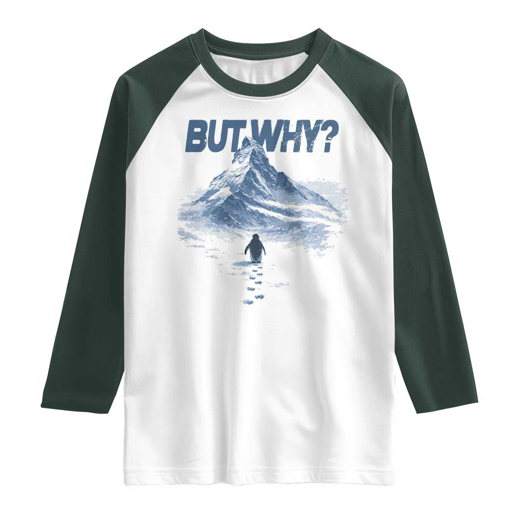 Penguin But Why Raglan Shirt Funny Penguin Snowy Mountain Meme
