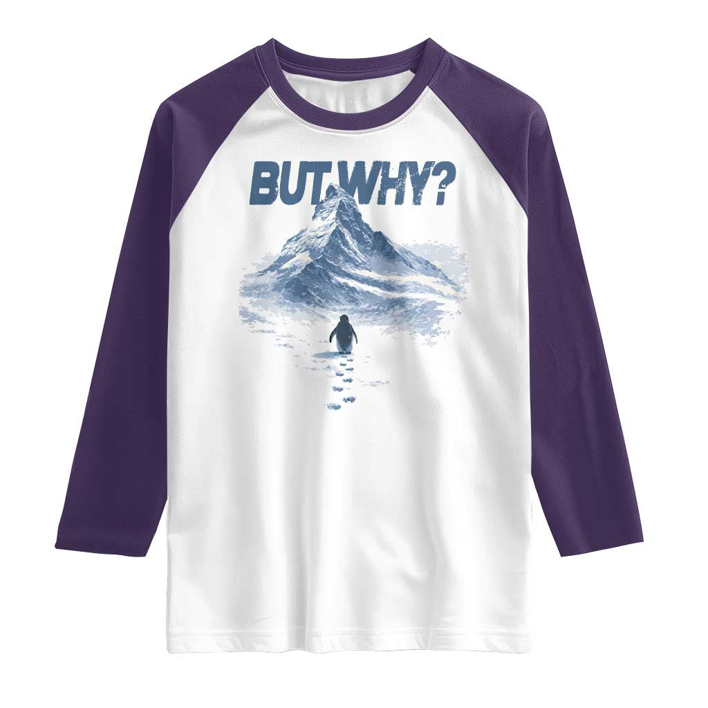 Penguin But Why Raglan Shirt Funny Penguin Snowy Mountain Meme