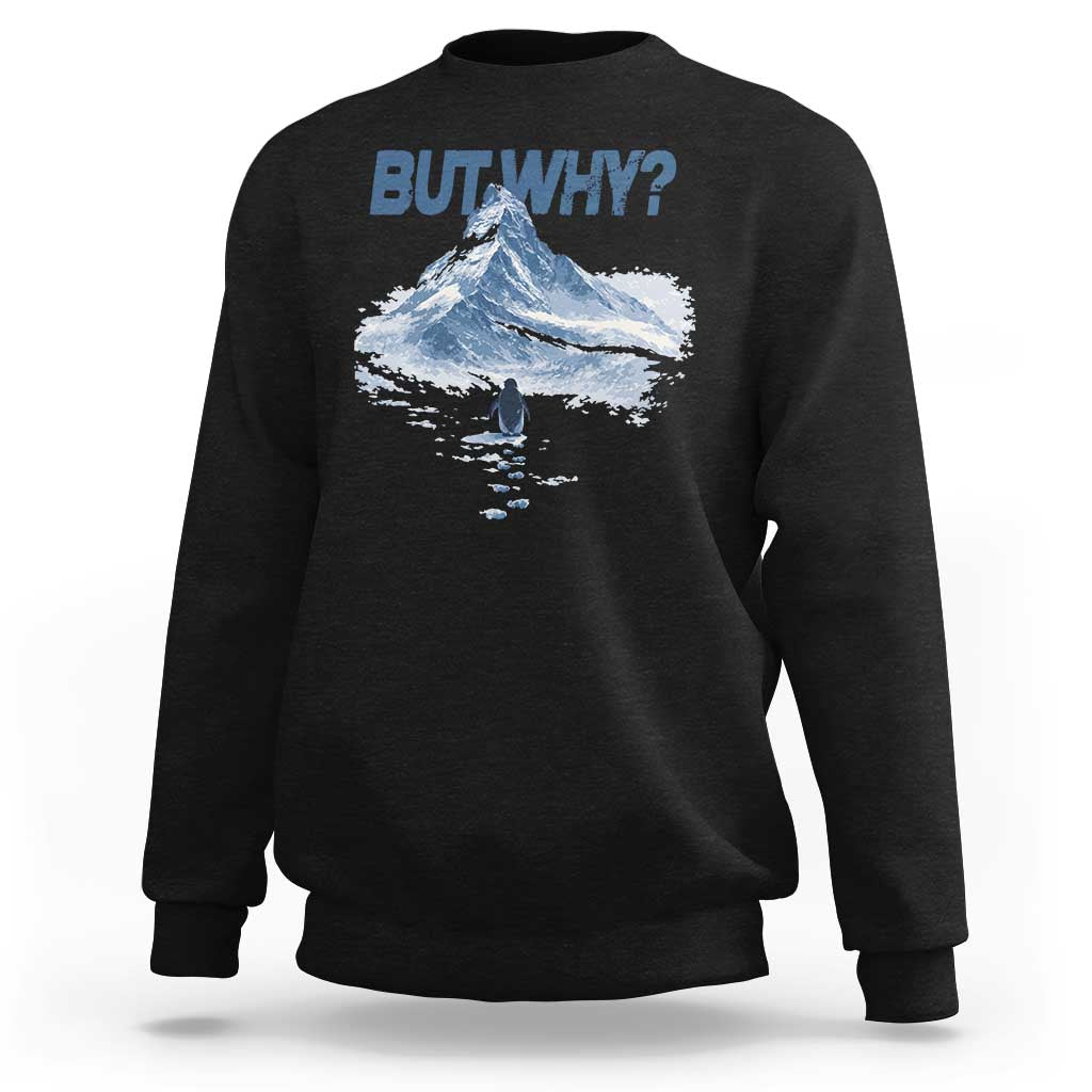 Penguin But Why Sweatshirt Funny Penguin Snowy Mountain Meme