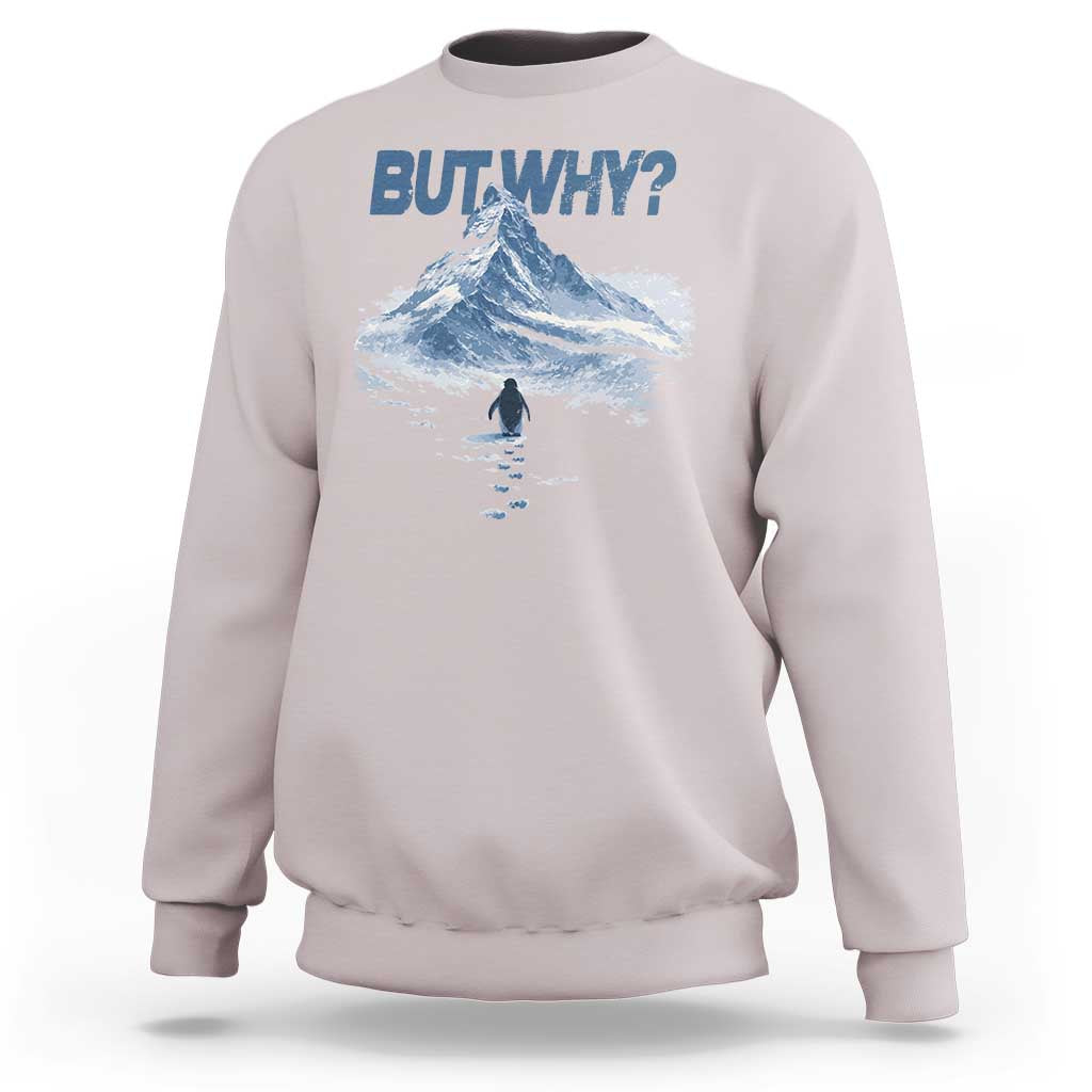 Penguin But Why Sweatshirt Funny Penguin Snowy Mountain Meme