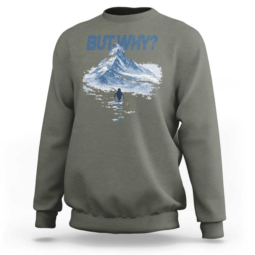 Penguin But Why Sweatshirt Funny Penguin Snowy Mountain Meme