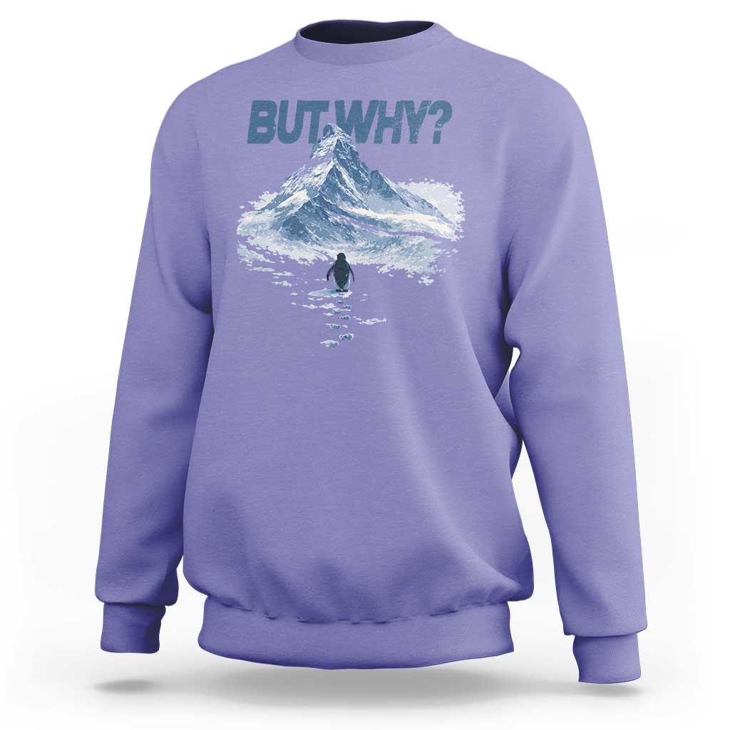 Penguin But Why Sweatshirt Funny Penguin Snowy Mountain Meme
