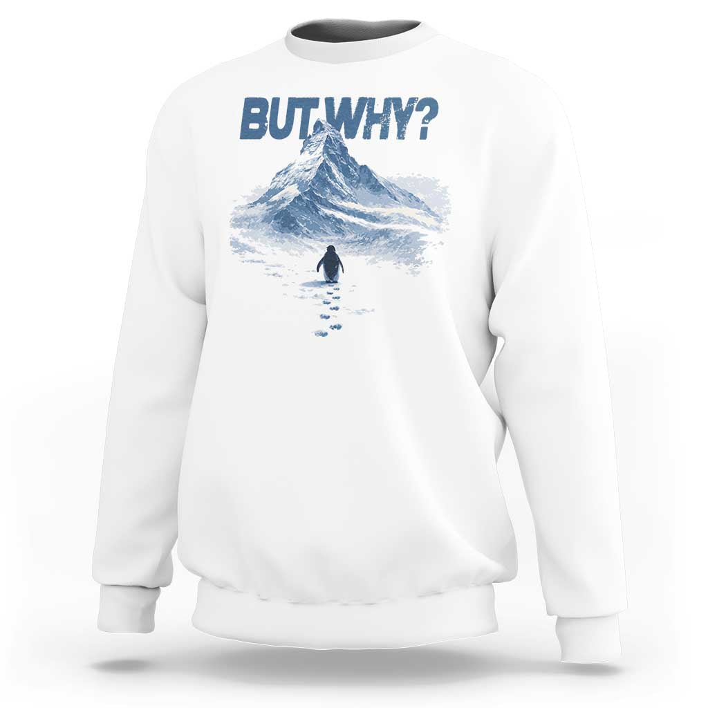 Penguin But Why Sweatshirt Funny Penguin Snowy Mountain Meme