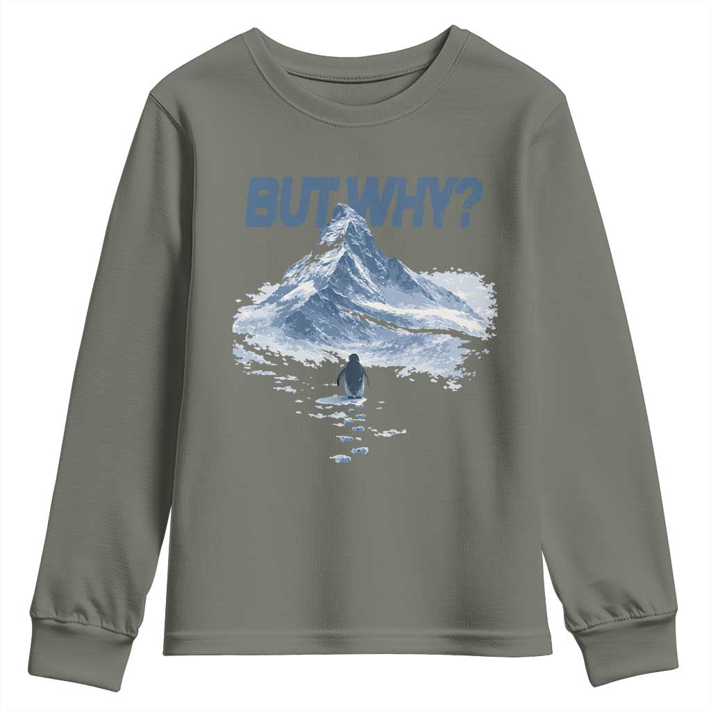 Penguin But Why Youth Sweatshirt Funny Penguin Snowy Mountain Meme