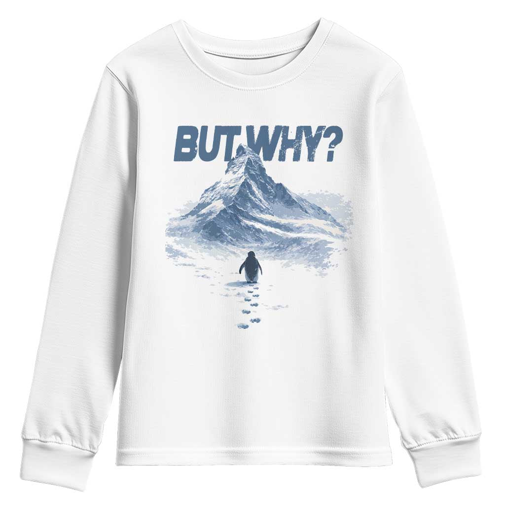 Penguin But Why Youth Sweatshirt Funny Penguin Snowy Mountain Meme