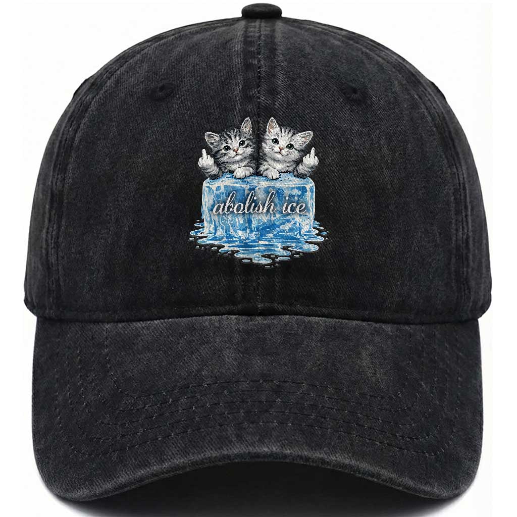 Abolish Ice Washed Cotton Baseball Cap Cute Cat Melting Ice Pro Immigrant