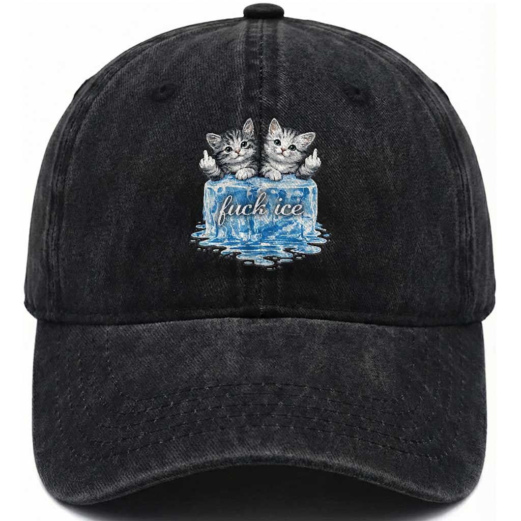 Fck Ice Washed Cotton Baseball Cap Cute Cat Melting Ice Pro Immigrant