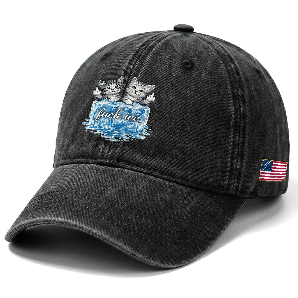 Fck Ice Washed Cotton Baseball Cap Cute Cat Melting Ice Pro Immigrant