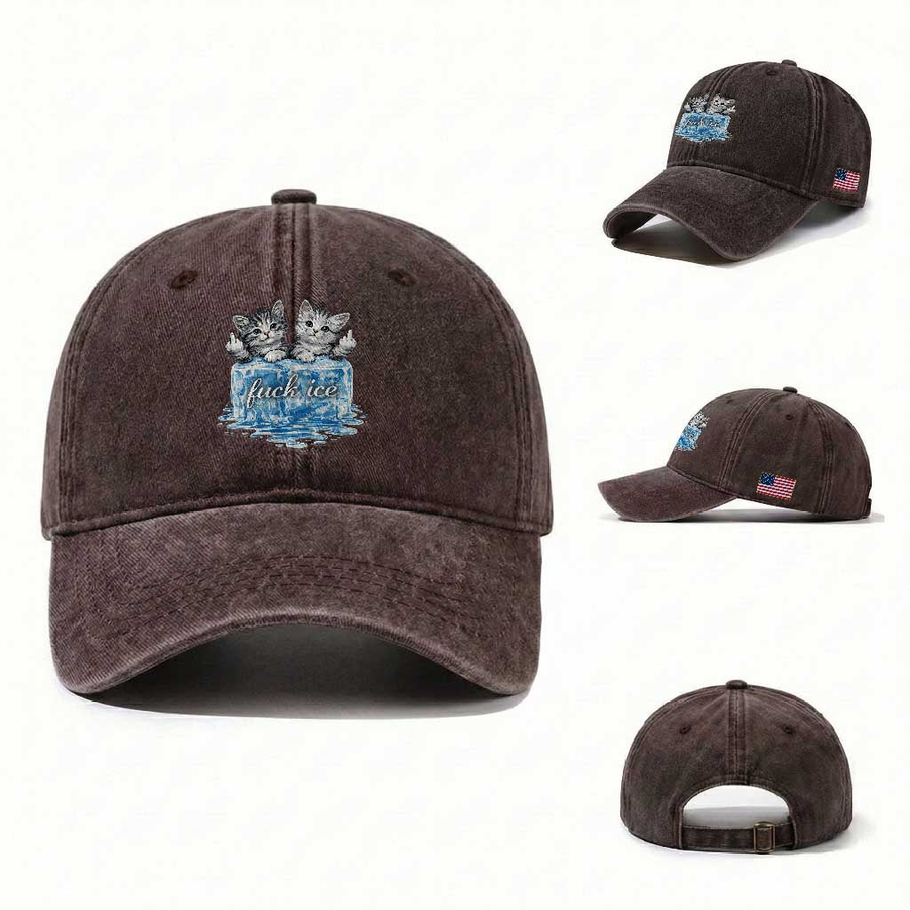 Fck Ice Washed Cotton Baseball Cap Cute Cat Melting Ice Pro Immigrant