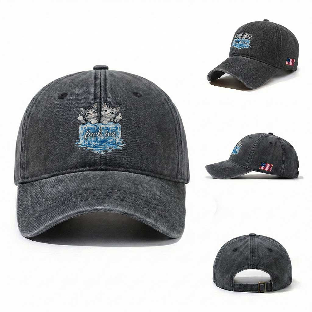Fck Ice Washed Cotton Baseball Cap Cute Cat Melting Ice Pro Immigrant