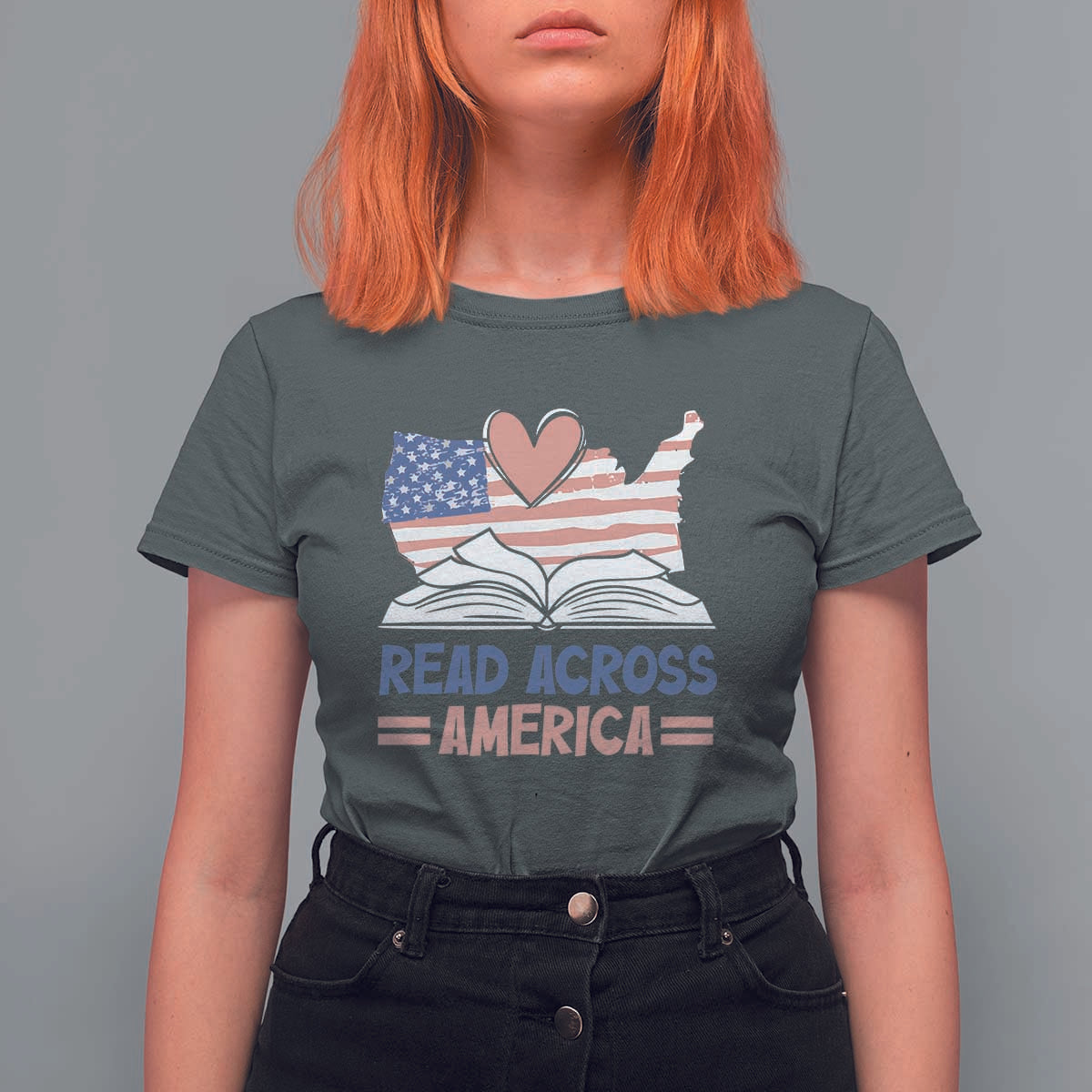 Funny National Reading Month Books Readers T Shirt For Women Reading Across America Teacher American Flag