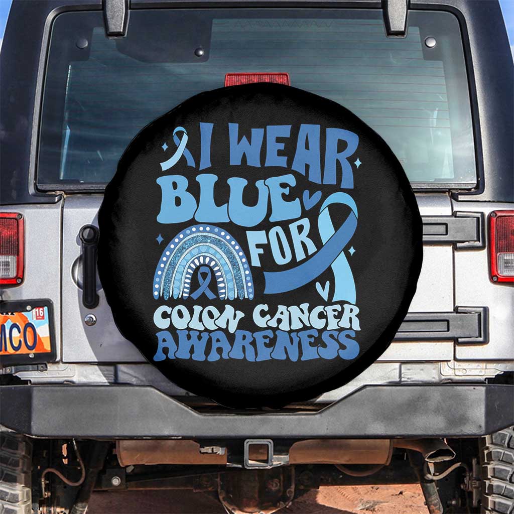 I Wear Blue For Colon Cancer Awareness Spare Tire Cover Rainbow Dark Blue Ribbon