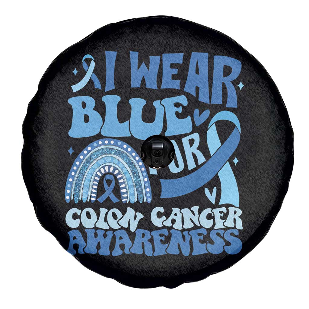 I Wear Blue For Colon Cancer Awareness Spare Tire Cover Rainbow Dark Blue Ribbon